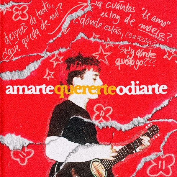 Portada de amartequererteodiarte: dosmilcinco con una guitarra entre recortes rojos y frases escritas a mano.